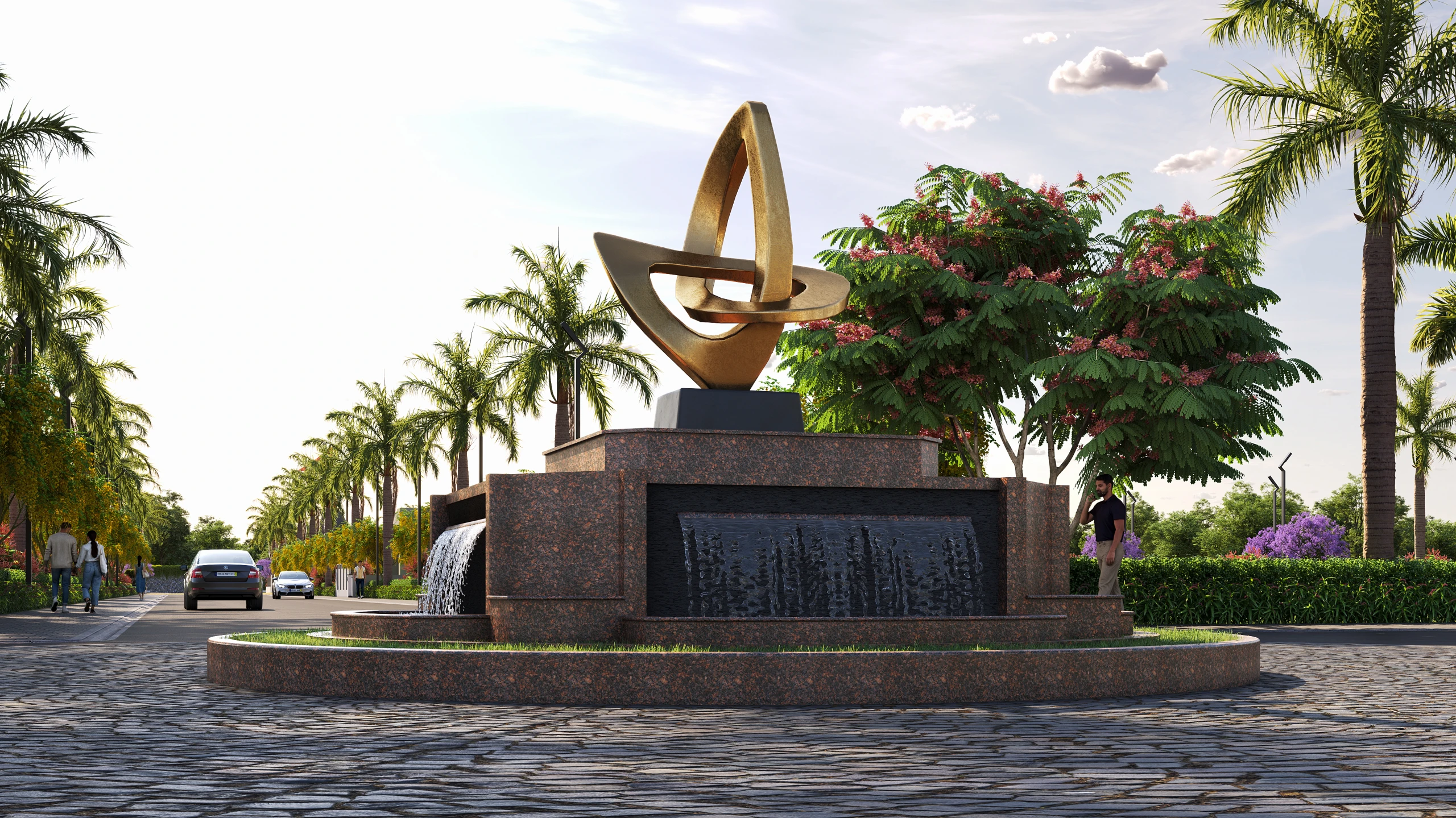 Architectural visualisation of the landscaped fountain at Pal Sumeera Residency