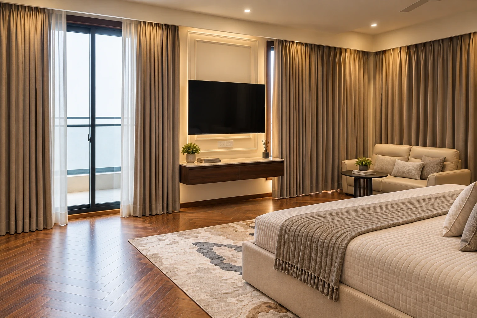 Palam View bedroom with balcony doors, full-height curtains, a wall-mounted television and a corner sofa