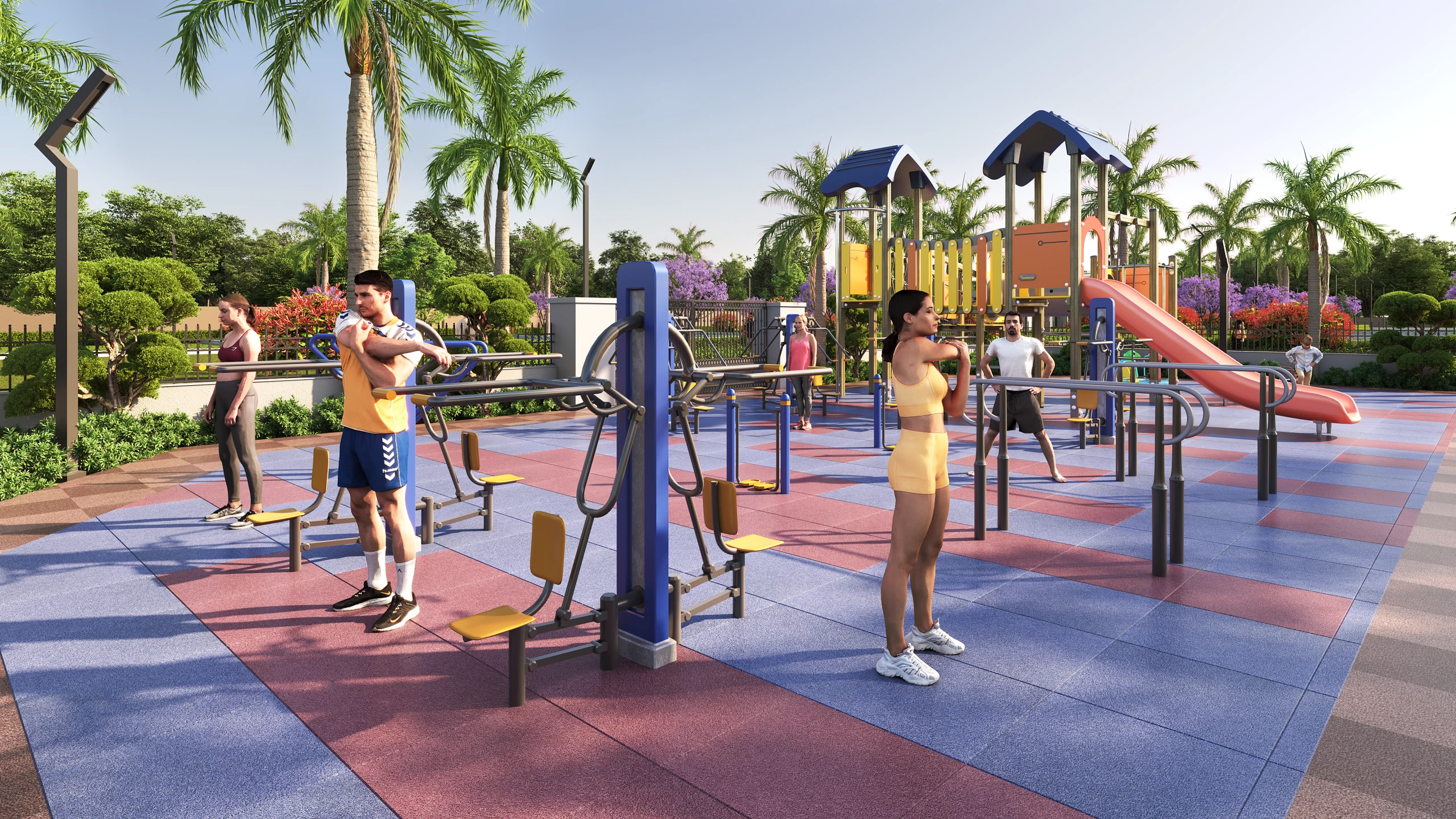 Architectural visualisation of the outdoor fitness area at Pal Sumeera Residency