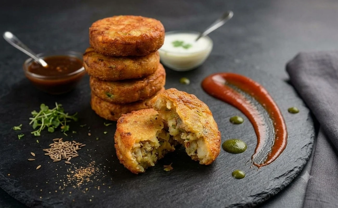 Golden aloo tikki served with green chutney and ketchup