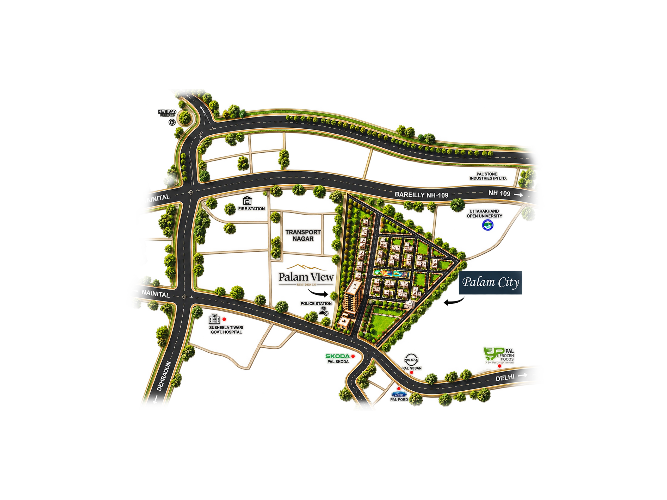 Illustrated brochure map locating Palam View within Palam City near the police station and Pal Skoda